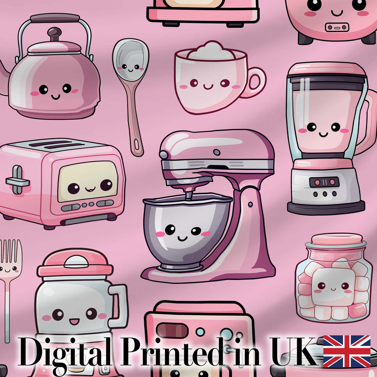 Cute Kawaii Kitchen Appliances Mixer Toaster Blender Blush Pink Background Seamless Pattern Digital Print Fabric by the Metre UK