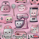 Cute Kawaii Kitchen Appliances Mixer Toaster Blender Blush Pink Background Seamless Pattern Digital Print Fabric by the Metre UK