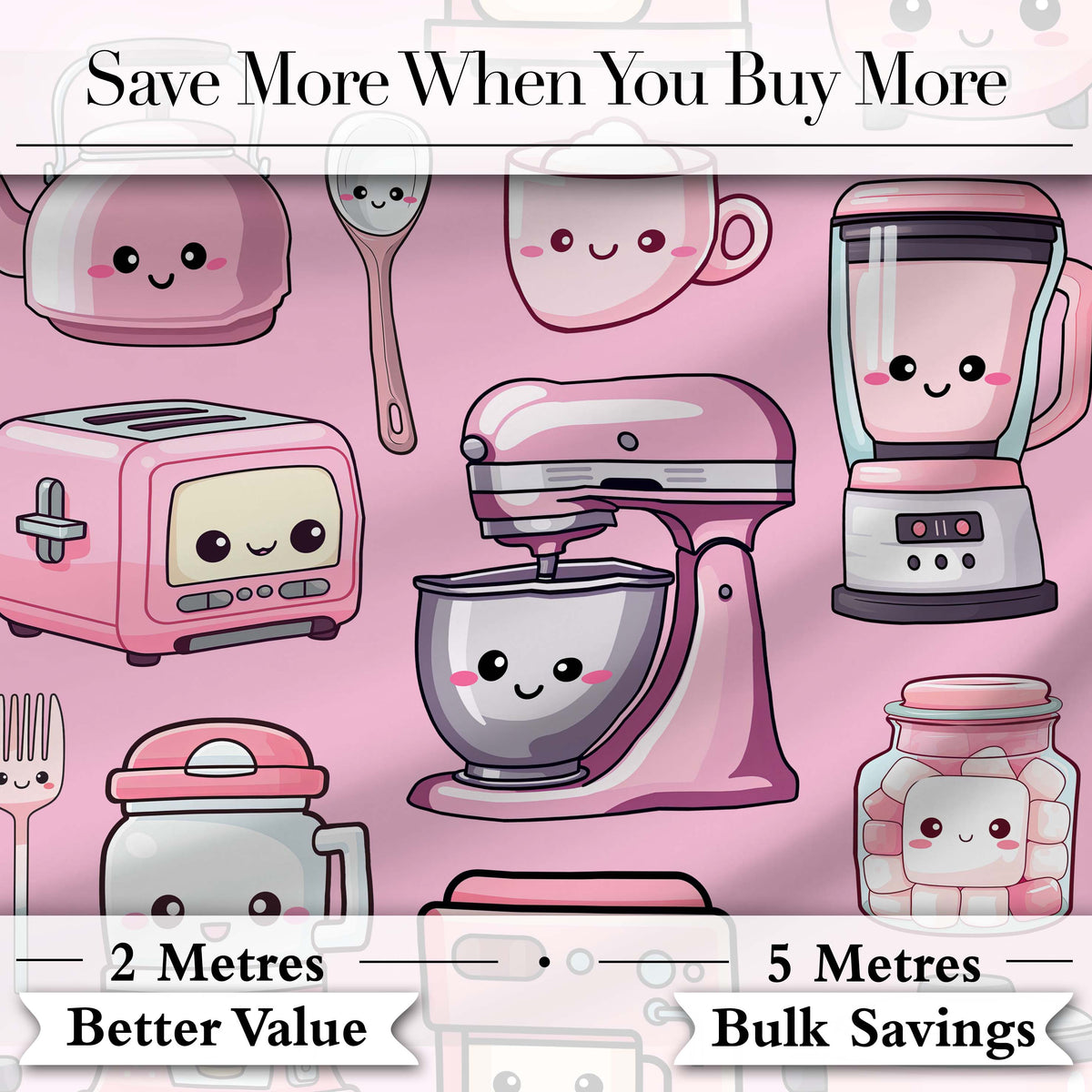 Cute Kawaii Kitchen Appliances Mixer Toaster Blender Blush Pink Background Seamless Pattern Digital Print Fabric by the Metre UK
