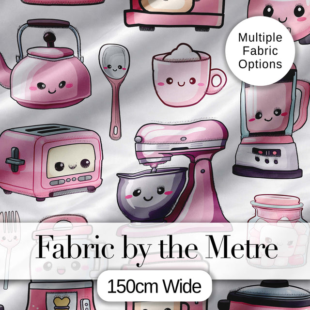Cute Kawaii Kitchen Appliances Mixer Toaster Blender Light Grey Background Seamless Pattern Digital Print Fabric by the Metre UK