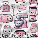 Cute Kawaii Kitchen Appliances Mixer Toaster Blender Light Grey Background Seamless Pattern Digital Print Fabric by the Metre UK