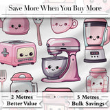 Cute Kawaii Kitchen Appliances Mixer Toaster Blender Light Grey Background Seamless Pattern Digital Print Fabric by the Metre UK