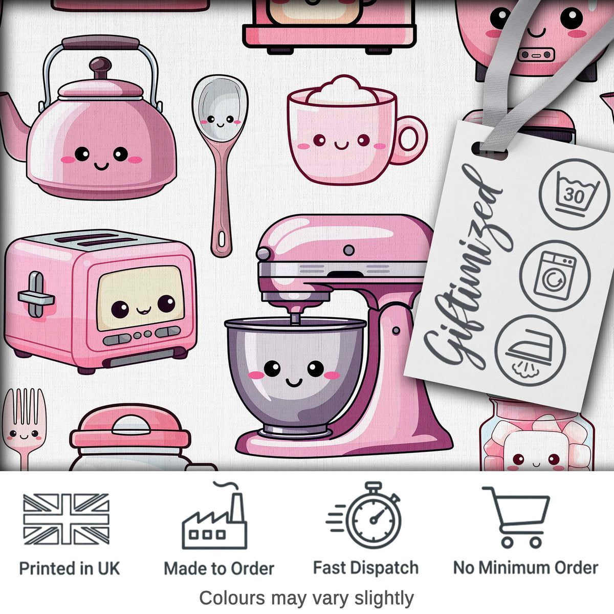 Cute Kawaii Kitchen Appliances Mixer Toaster Blender Light Grey Background Seamless Pattern Digital Print Fabric by the Metre UK