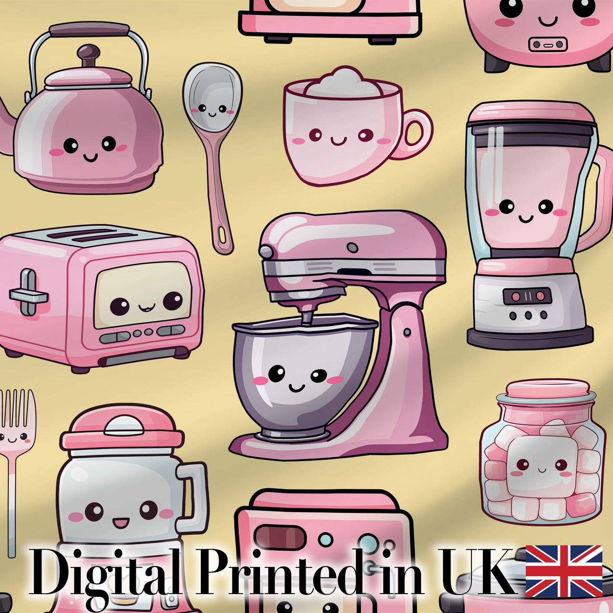 Cute Kawaii Kitchen Appliances Mixer Toaster Blender Yellow Background Seamless Pattern Digital Print Fabric by the Metre UK