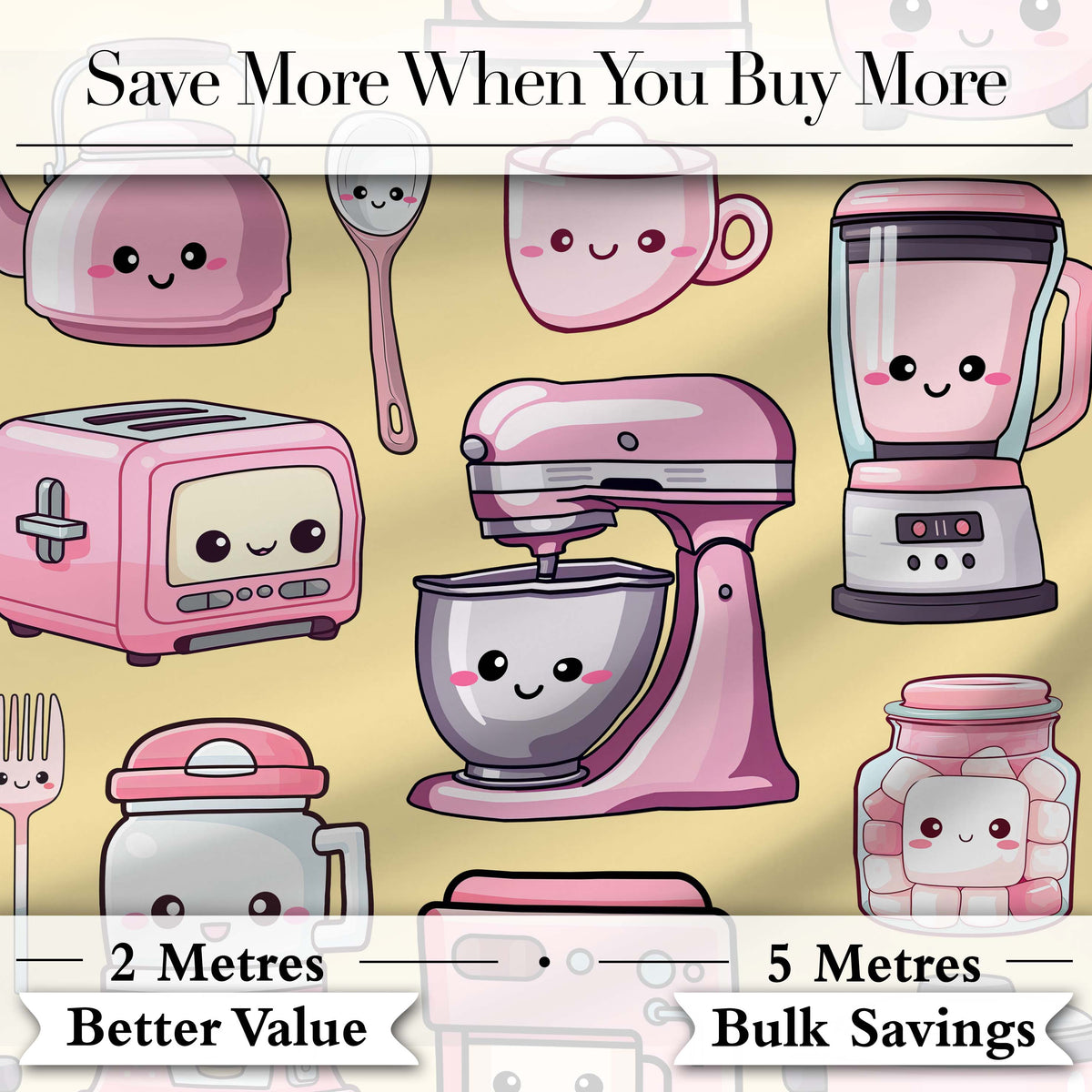 Cute Kawaii Kitchen Appliances Mixer Toaster Blender Yellow Background Seamless Pattern Digital Print Fabric by the Metre UK