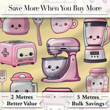 Cute Kawaii Kitchen Appliances Mixer Toaster Blender Yellow Background Seamless Pattern Digital Print Fabric by the Metre UK