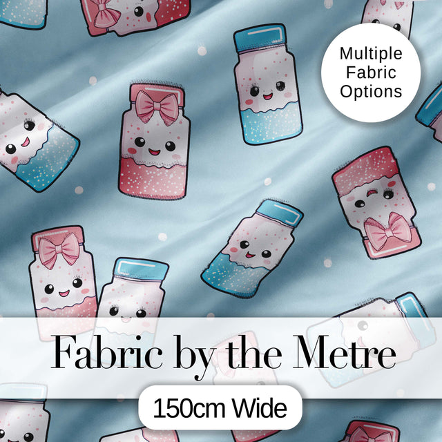 Cute Kawaii Sugar Jar Bottles with Glitter Sprinkles Blue Background Seamless Pattern Digital Print Fabric by the Metre UK