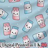 Cute Kawaii Sugar Jar Bottles with Glitter Sprinkles Blue Background Seamless Pattern Digital Print Fabric by the Metre UK