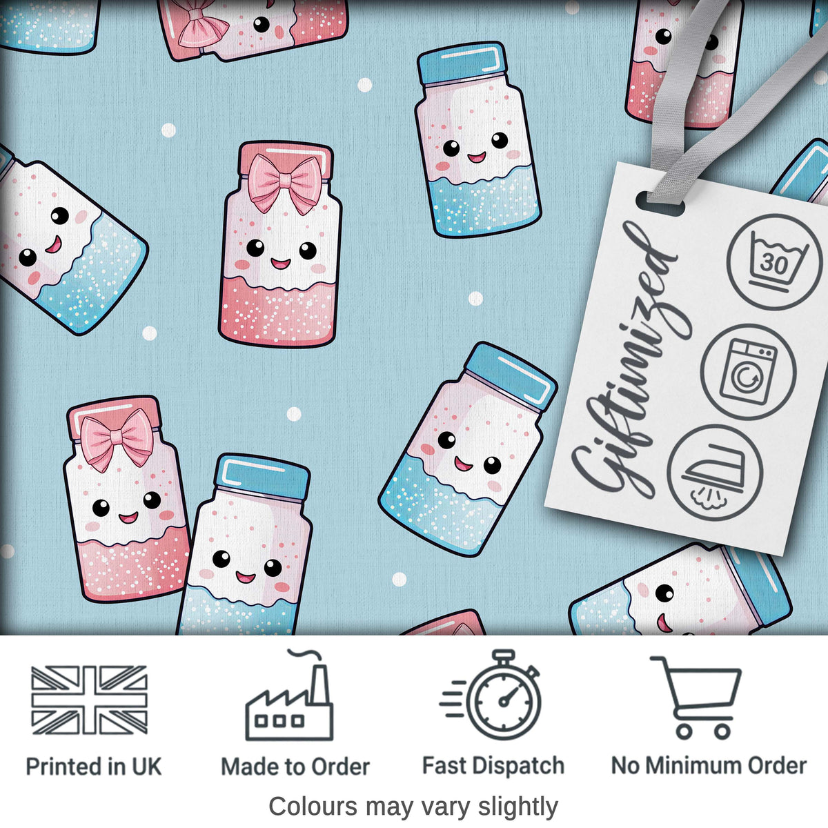 Cute Kawaii Sugar Jar Bottles with Glitter Sprinkles Blue Background Seamless Pattern Digital Print Fabric by the Metre UK