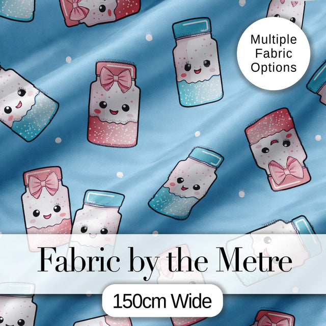 Cute Kawaii Sugar Jar Bottles with Glitter Sprinkles Sky Blue Background Seamless Pattern Digital Print Fabric by the Metre UK