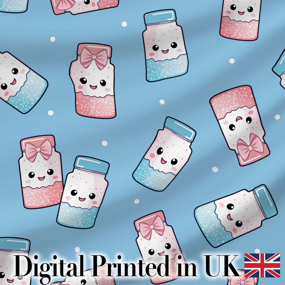 Cute Kawaii Sugar Jar Bottles with Glitter Sprinkles Sky Blue Background Seamless Pattern Digital Print Fabric by the Metre UK