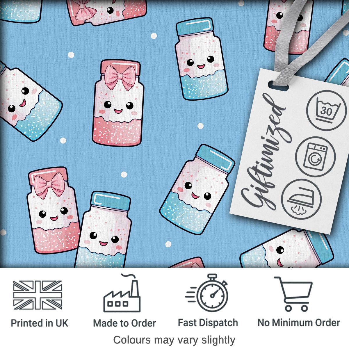 Cute Kawaii Sugar Jar Bottles with Glitter Sprinkles Sky Blue Background Seamless Pattern Digital Print Fabric by the Metre UK