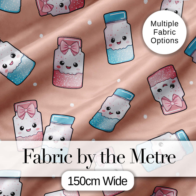 Cute Kawaii Sugar Jar Bottles with Glitter Sprinkles Peach Background Seamless Pattern Digital Print Fabric by the Metre UK