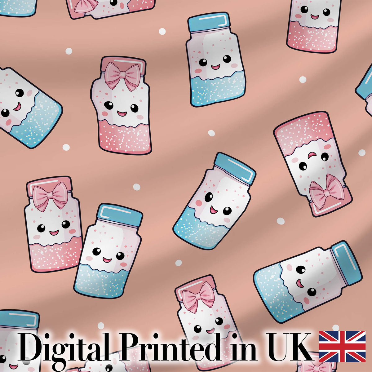 Cute Kawaii Sugar Jar Bottles with Glitter Sprinkles Peach Background Seamless Pattern Digital Print Fabric by the Metre UK
