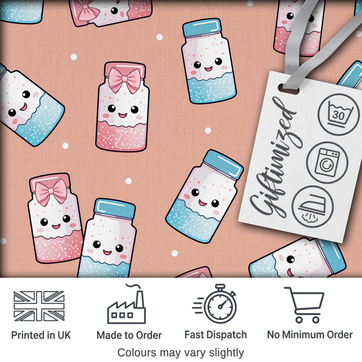 Cute Kawaii Sugar Jar Bottles with Glitter Sprinkles Peach Background Seamless Pattern Digital Print Fabric by the Metre UK