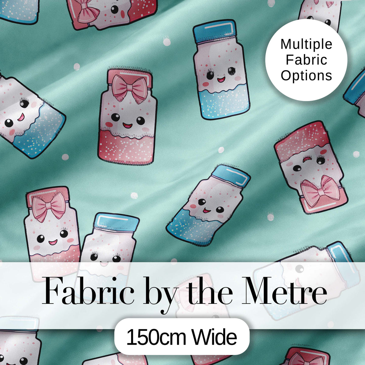 Cute Kawaii Sugar Jar Bottles with Glitter Sprinkles Mint Background Seamless Pattern Digital Print Fabric by the Metre UK