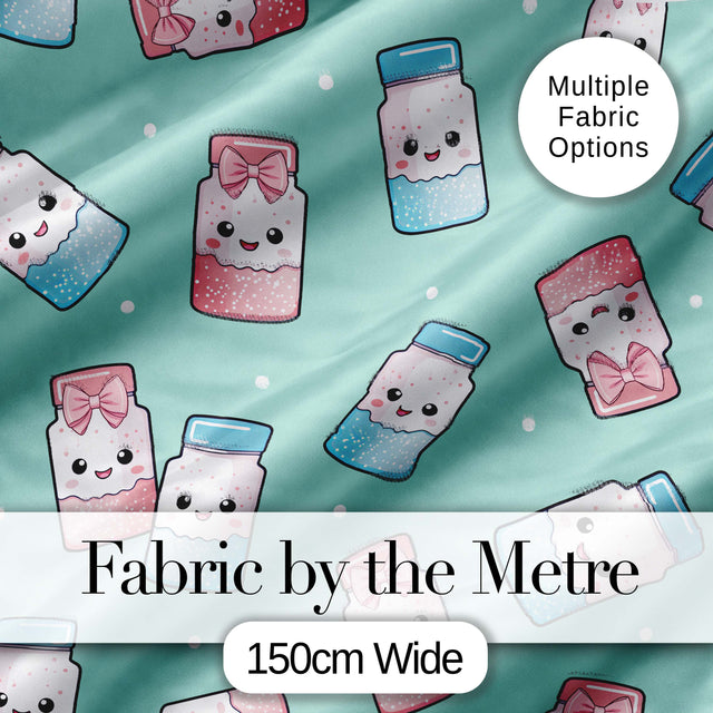 Cute Kawaii Sugar Jar Bottles with Glitter Sprinkles Mint Background Seamless Pattern Digital Print Fabric by the Metre UK