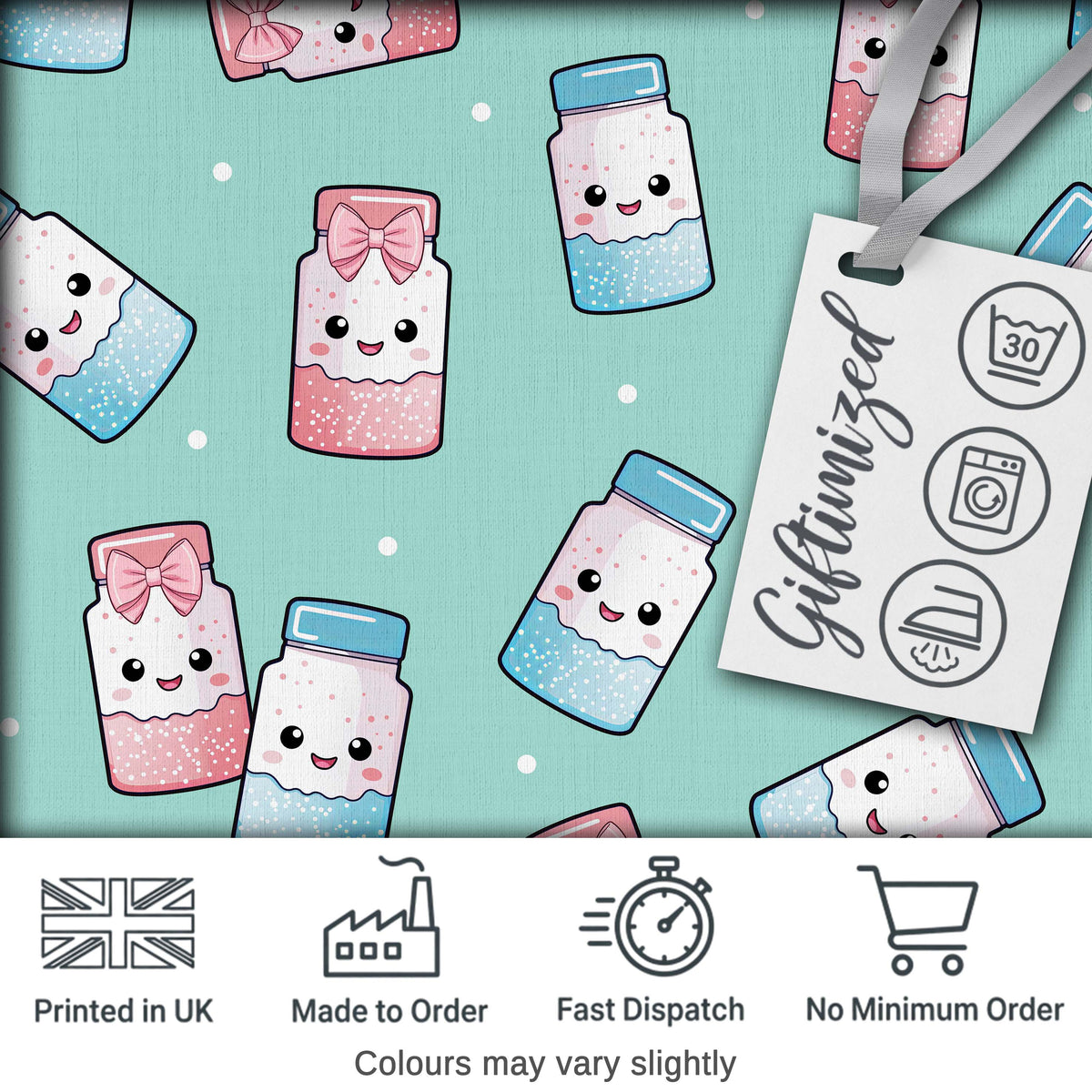 Cute Kawaii Sugar Jar Bottles with Glitter Sprinkles Mint Background Seamless Pattern Digital Print Fabric by the Metre UK