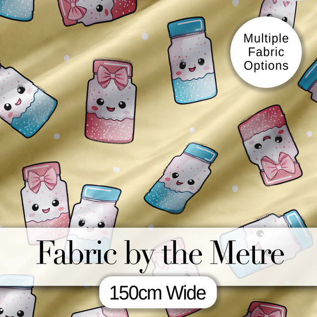 Cute Kawaii Sugar Jar Bottles with Glitter Sprinkles Yellow Background Seamless Pattern Digital Print Fabric by the Metre UK