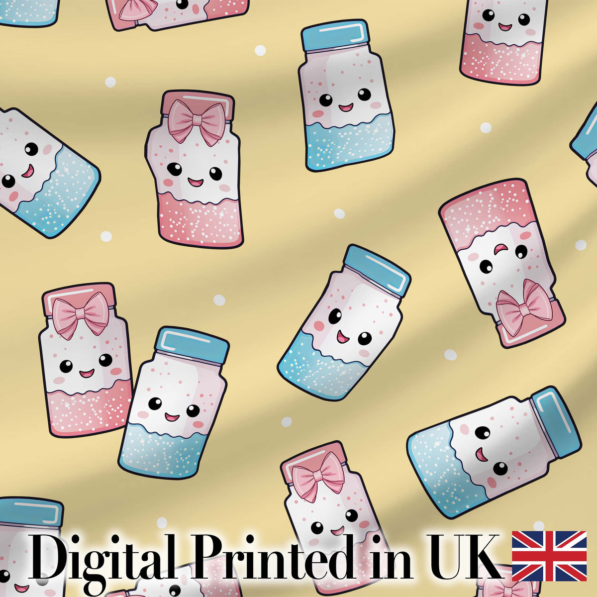 Cute Kawaii Sugar Jar Bottles with Glitter Sprinkles Yellow Background Seamless Pattern Digital Print Fabric by the Metre UK