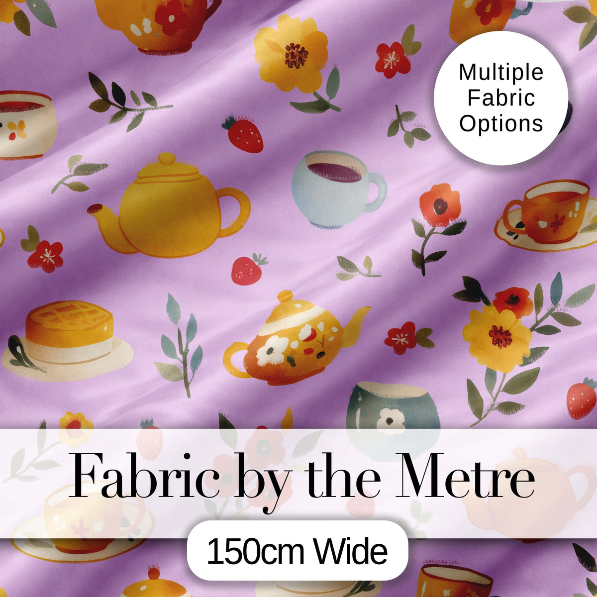 Cute Vintage Teapot Floral Tea Cups Strawberry Garden Purple Background Seamless Pattern Digital Print Fabric by the Metre UK