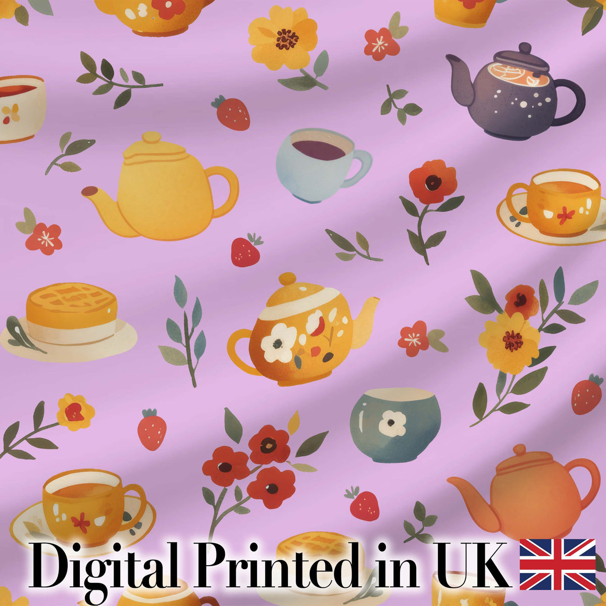 Cute Vintage Teapot Floral Tea Cups Strawberry Garden Purple Background Seamless Pattern Digital Print Fabric by the Metre UK