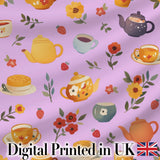 Cute Vintage Teapot Floral Tea Cups Strawberry Garden Purple Background Seamless Pattern Digital Print Fabric by the Metre UK
