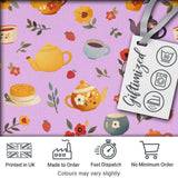 Cute Vintage Teapot Floral Tea Cups Strawberry Garden Purple Background Seamless Pattern Digital Print Fabric by the Metre UK