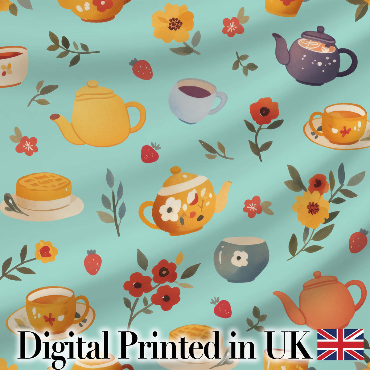 Cute Vintage Teapot Floral Tea Cups Strawberry Garden Blue Background Seamless Pattern Digital Print Fabric by the Metre UK