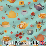 Cute Vintage Teapot Floral Tea Cups Strawberry Garden Blue Background Seamless Pattern Digital Print Fabric by the Metre UK