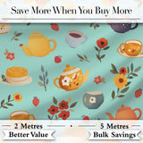 Cute Vintage Teapot Floral Tea Cups Strawberry Garden Blue Background Seamless Pattern Digital Print Fabric by the Metre UK