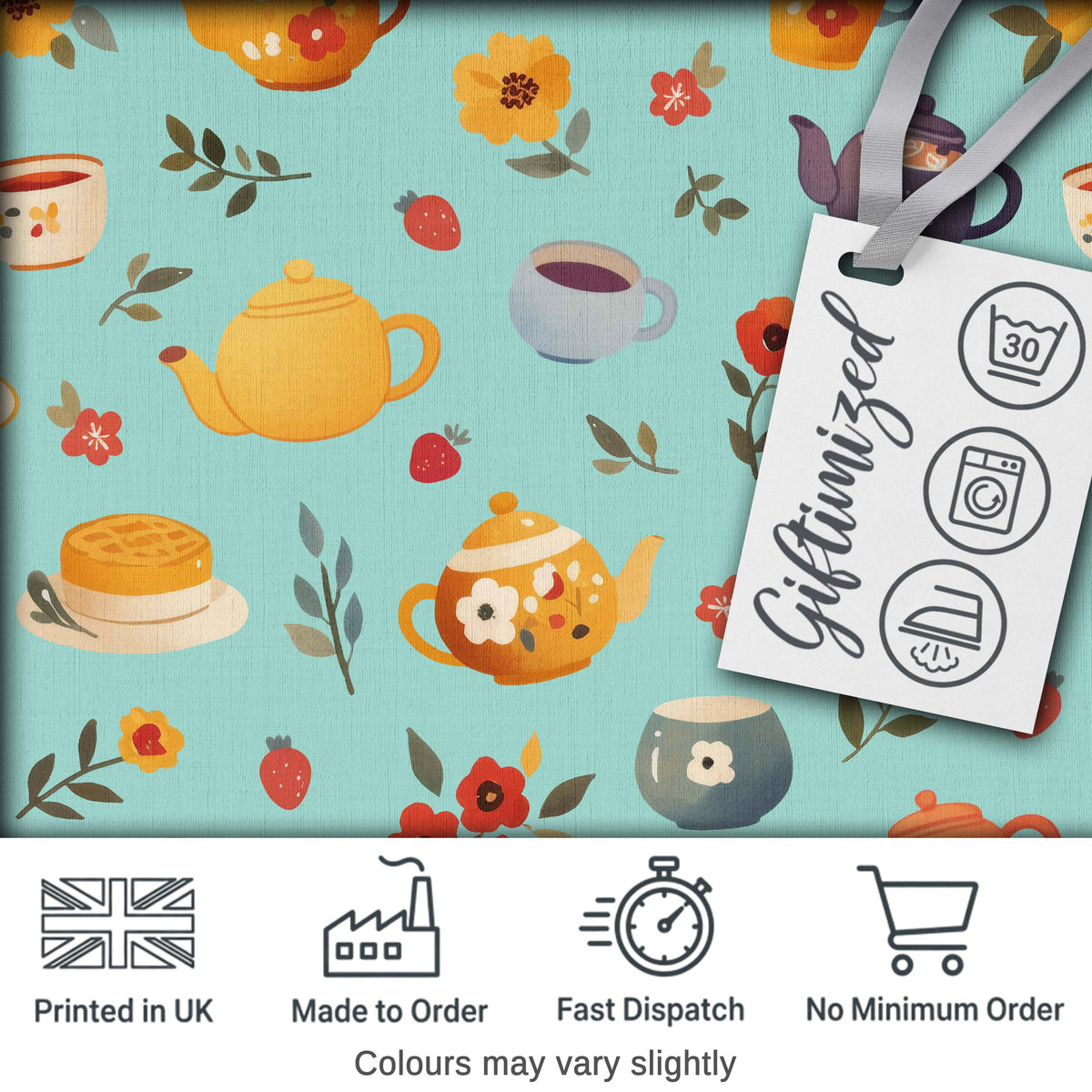 Cute Vintage Teapot Floral Tea Cups Strawberry Garden Blue Background Seamless Pattern Digital Print Fabric by the Metre UK
