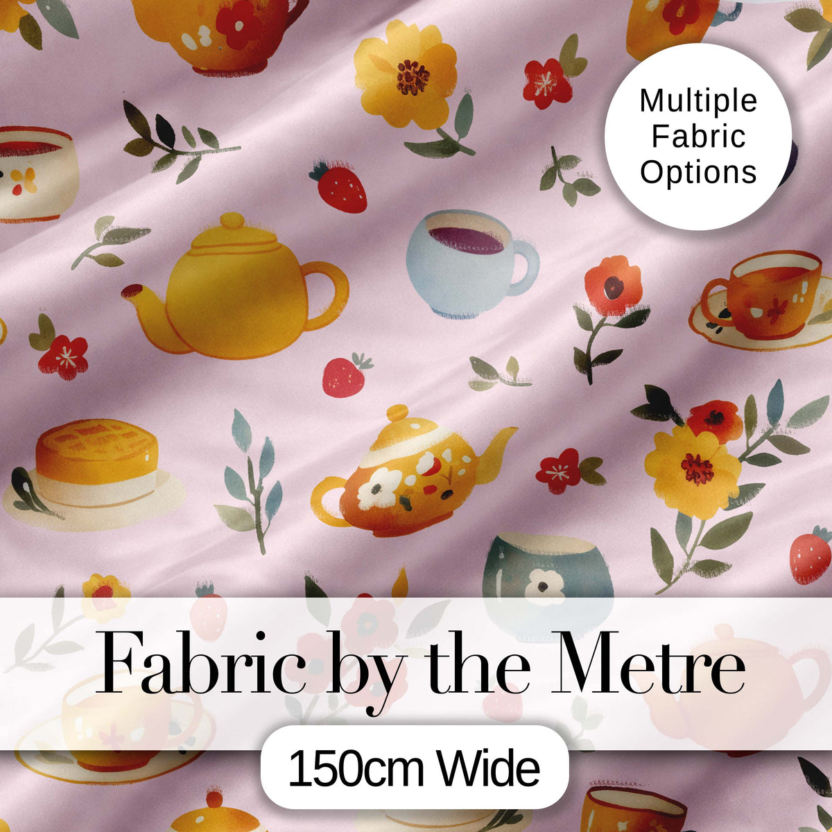 Cute Vintage Teapot Floral Tea Cups Strawberry Garden Pink Background Seamless Pattern Digital Print Fabric by the Metre UK