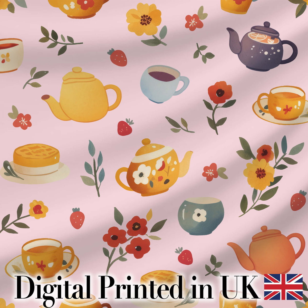 Cute Vintage Teapot Floral Tea Cups Strawberry Garden Pink Background Seamless Pattern Digital Print Fabric by the Metre UK