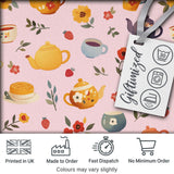 Cute Vintage Teapot Floral Tea Cups Strawberry Garden Pink Background Seamless Pattern Digital Print Fabric by the Metre UK