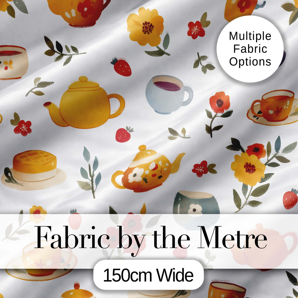 Cute Vintage Teapot Floral Tea Cups Strawberry Garden Grey Background Seamless Pattern Digital Print Fabric by the Metre UK