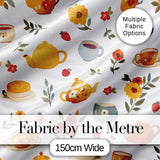 Cute Vintage Teapot Floral Tea Cups Strawberry Garden Grey Background Seamless Pattern Digital Print Fabric by the Metre UK