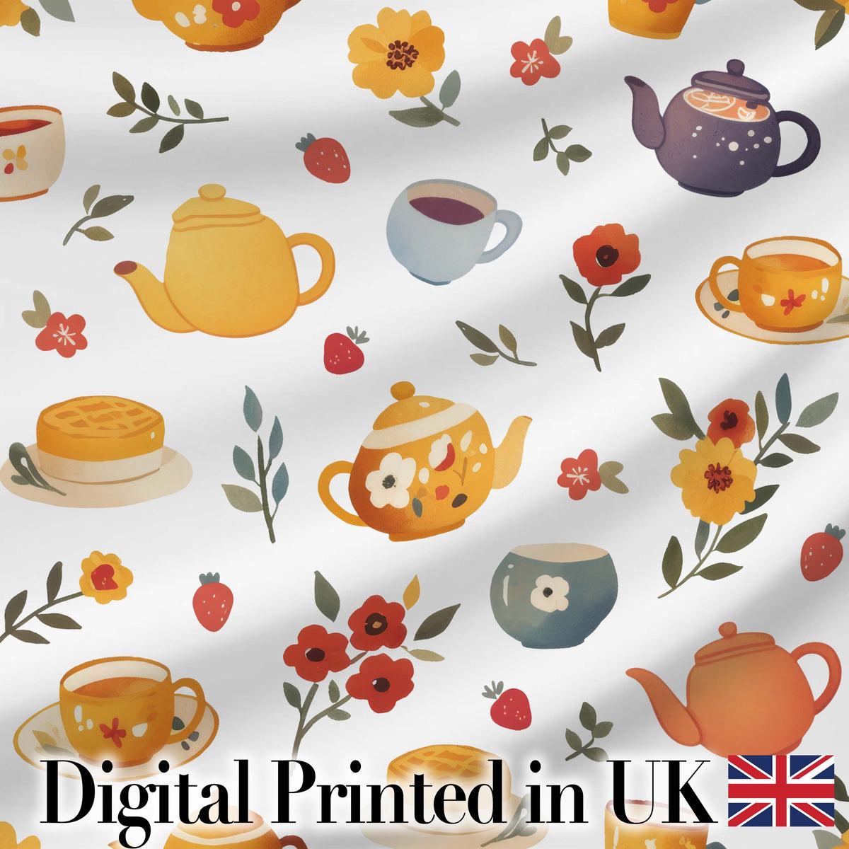 Cute Vintage Teapot Floral Tea Cups Strawberry Garden Grey Background Seamless Pattern Digital Print Fabric by the Metre UK