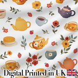 Cute Vintage Teapot Floral Tea Cups Strawberry Garden Grey Background Seamless Pattern Digital Print Fabric by the Metre UK