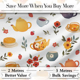 Cute Vintage Teapot Floral Tea Cups Strawberry Garden Grey Background Seamless Pattern Digital Print Fabric by the Metre UK