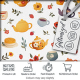 Cute Vintage Teapot Floral Tea Cups Strawberry Garden Grey Background Seamless Pattern Digital Print Fabric by the Metre UK