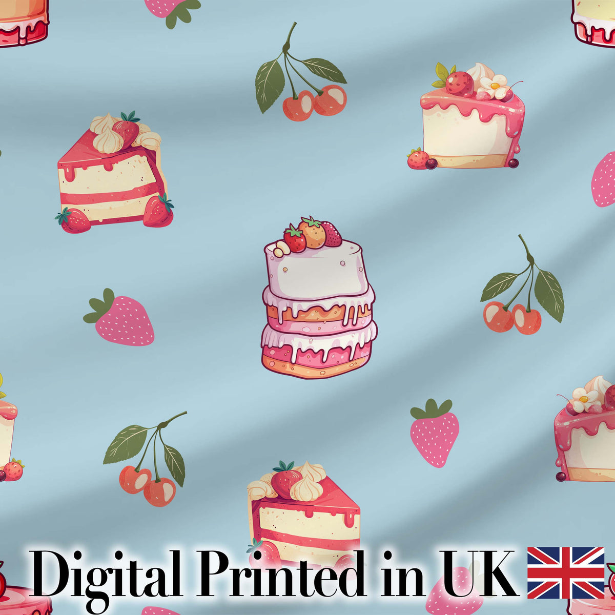 Cute Strawberry Cake Dessert Cherry Fruit Blue Background Seamless Pattern Digital Print Fabric by the Metre UK Sewing Quilting Textile