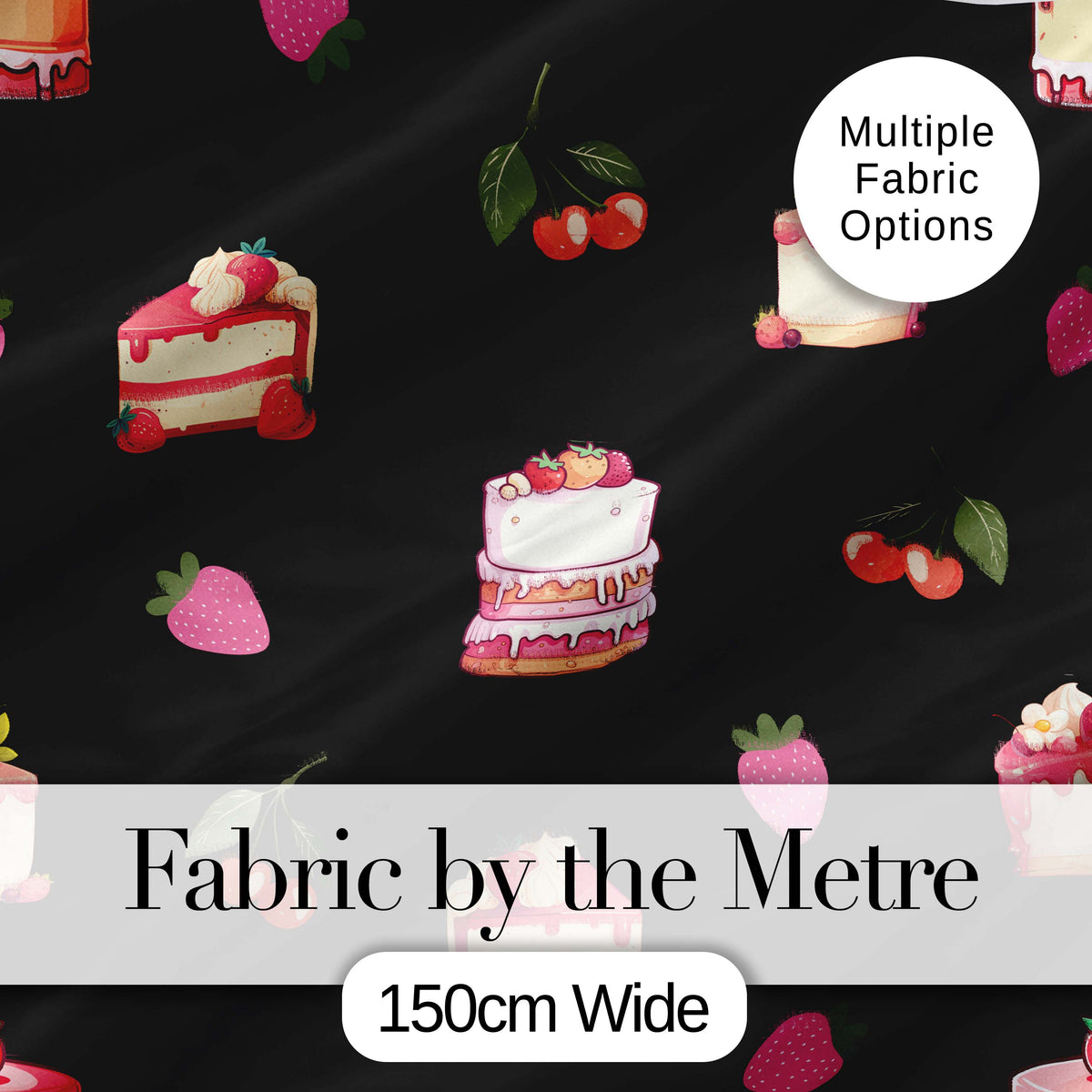 Cute Strawberry Cake Dessert Cherry Fruit Black Background Seamless Pattern Digital Print Fabric by the Metre UK Sewing Quilting Textile