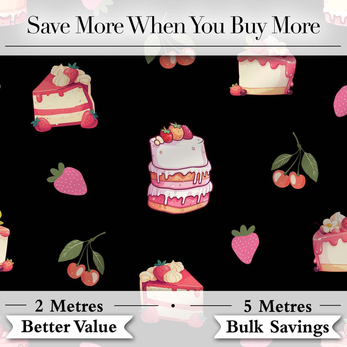 Cute Strawberry Cake Dessert Cherry Fruit Black Background Seamless Pattern Digital Print Fabric by the Metre UK Sewing Quilting Textile