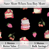 Cute Strawberry Cake Dessert Cherry Fruit Black Background Seamless Pattern Digital Print Fabric by the Metre UK Sewing Quilting Textile