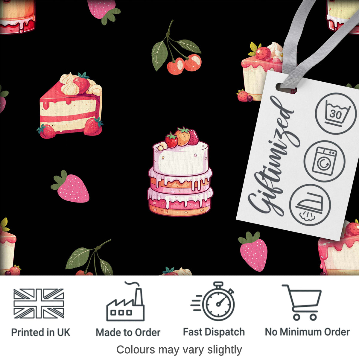 Cute Strawberry Cake Dessert Cherry Fruit Black Background Seamless Pattern Digital Print Fabric by the Metre UK Sewing Quilting Textile