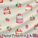 Cute Strawberry Cake Cherry Dessert Seamless Pattern Neutral Background Digital Print Fabric by the Metre UK Sewing Quilting Textile