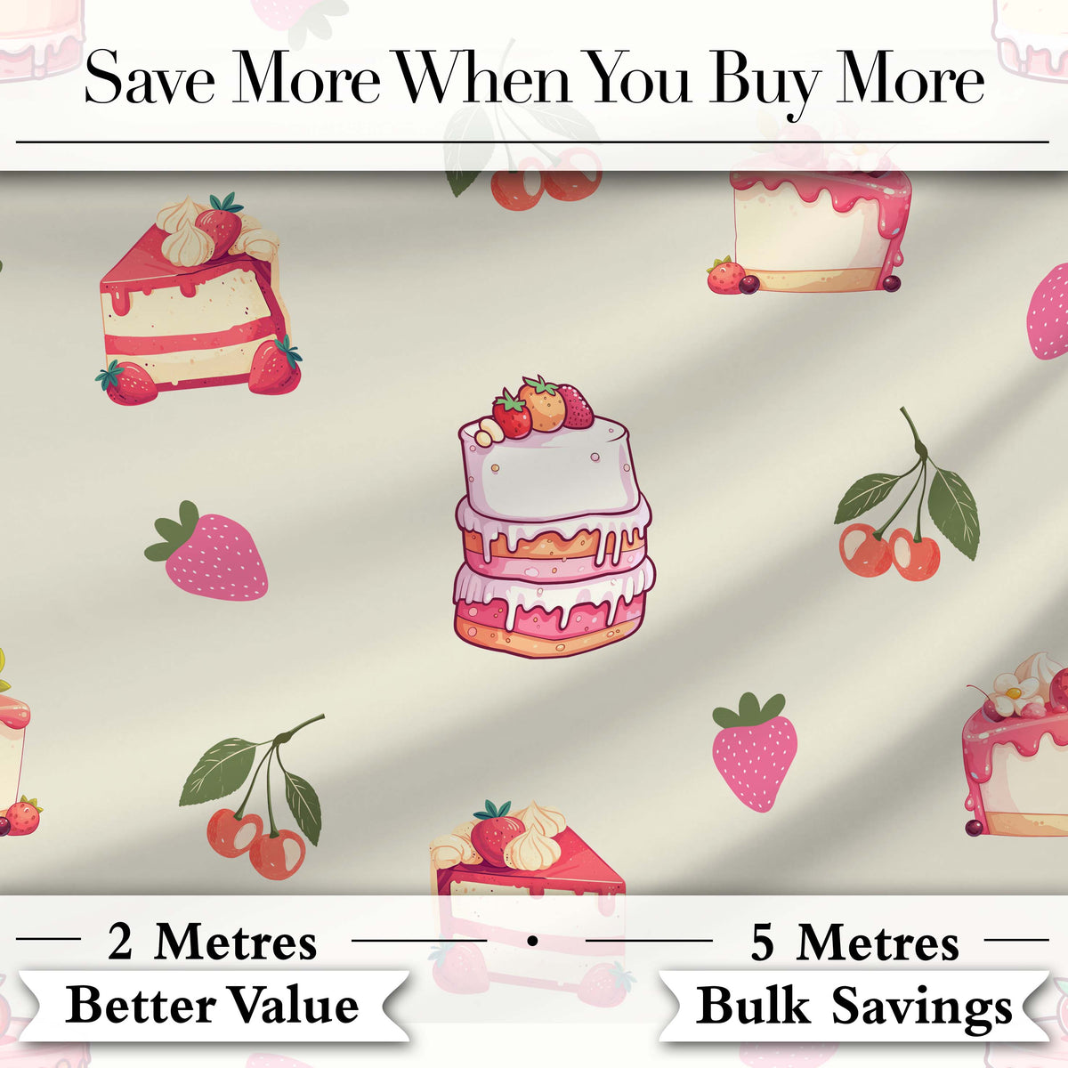 Cute Strawberry Cake Cherry Dessert Seamless Pattern Neutral Background Digital Print Fabric by the Metre UK Sewing Quilting Textile