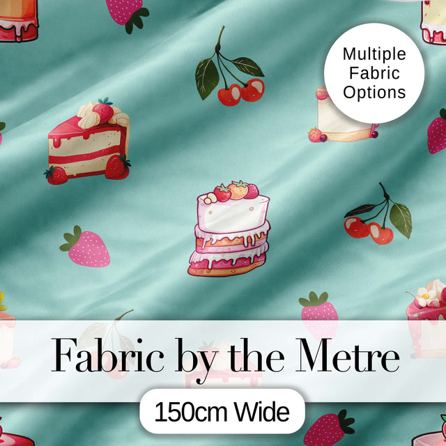 Cute Strawberry Cake Cherry Dessert Seamless Pattern Mint Background Digital Print Fabric by the Metre UK Sewing Quilting Textile