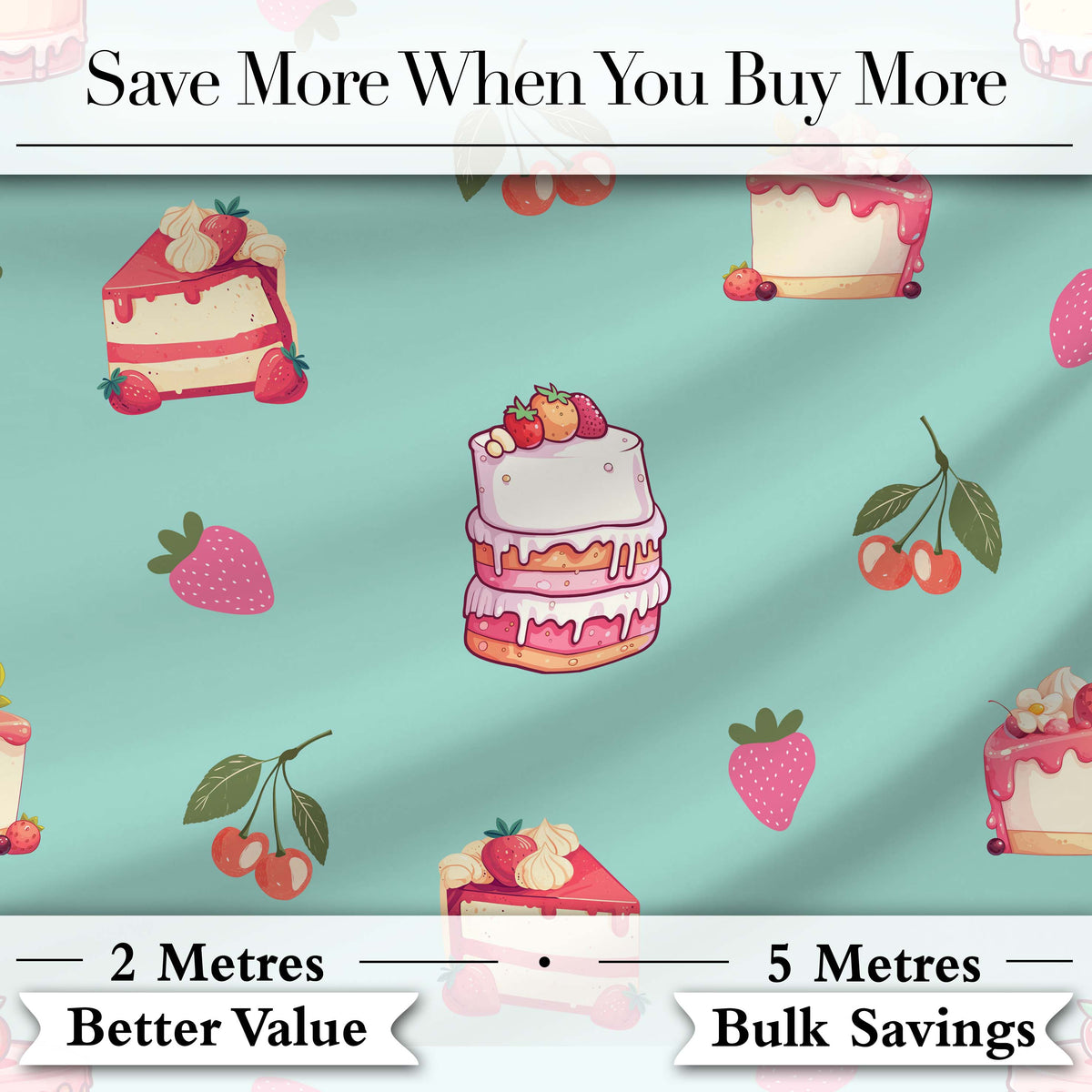Cute Strawberry Cake Cherry Dessert Seamless Pattern Mint Background Digital Print Fabric by the Metre UK Sewing Quilting Textile
